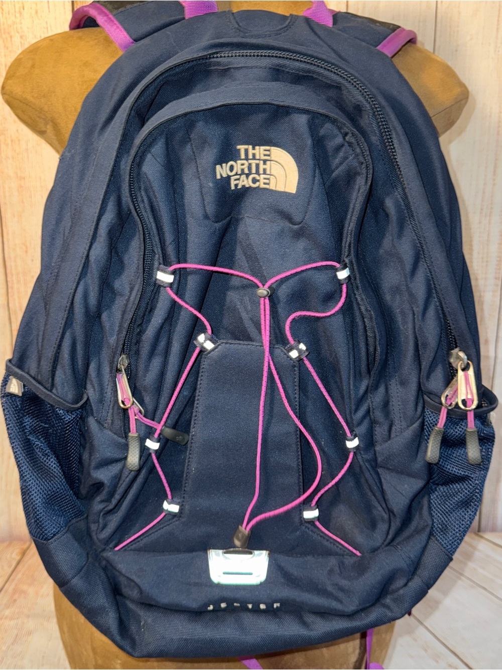 The North Face Jester backpack, Navy blue & Magenta Bungee Cords